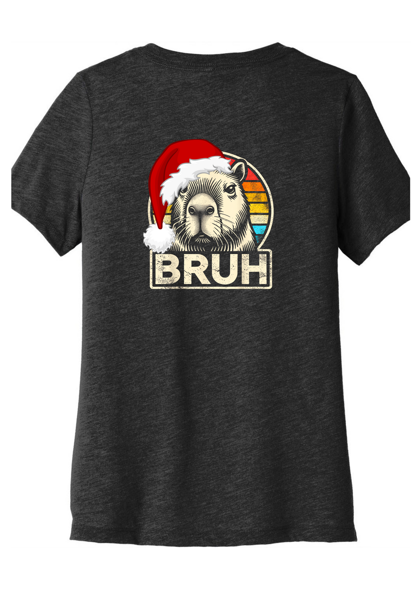 Christmas grey t-shirt with a graphic of a Capibara wearing a Santa hat and 'BRUH' text on a white background