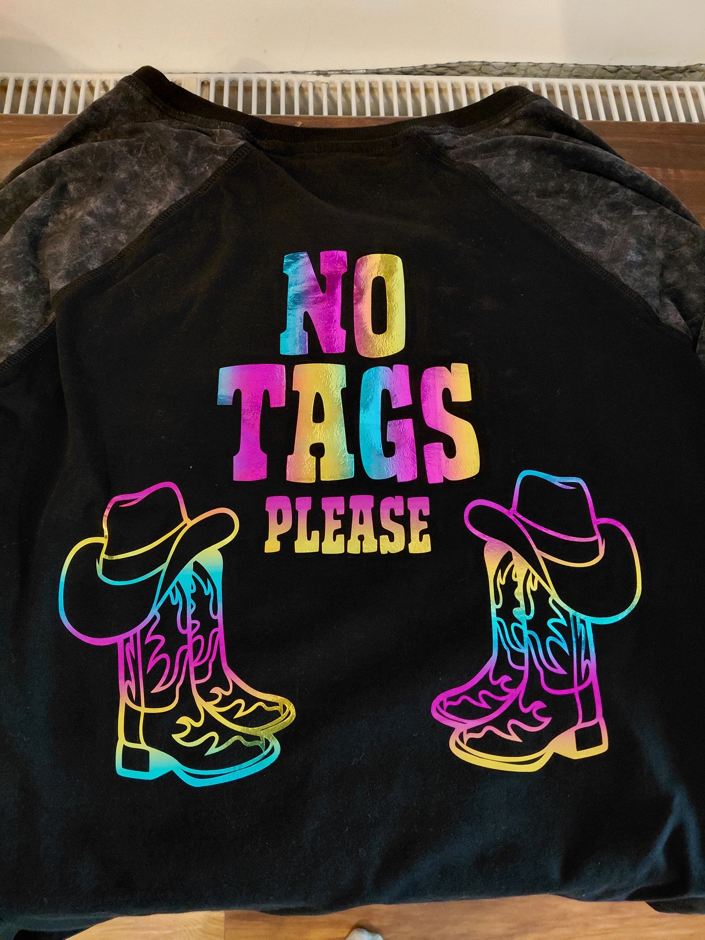 No tags with metallic rainbow decal please on back of a line dancing t-shirt, designed by Kirsty Tulk Tees