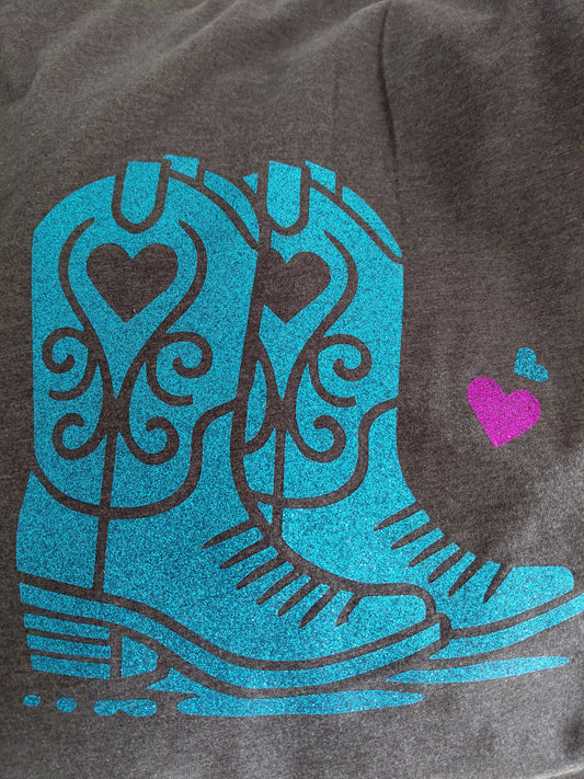 Blue glitter boots on dark heather t-shirt designed by Kirsty Tulk Tees