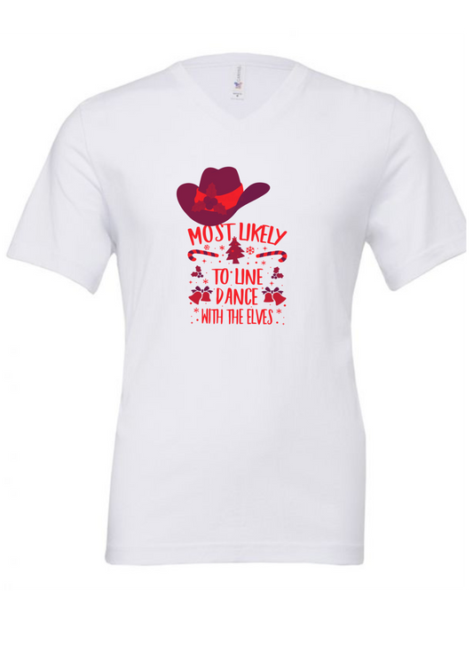 White t-shirt with red and black graphic design on a white background. Line dancing t-shirt designed by Kirsty Tulktees