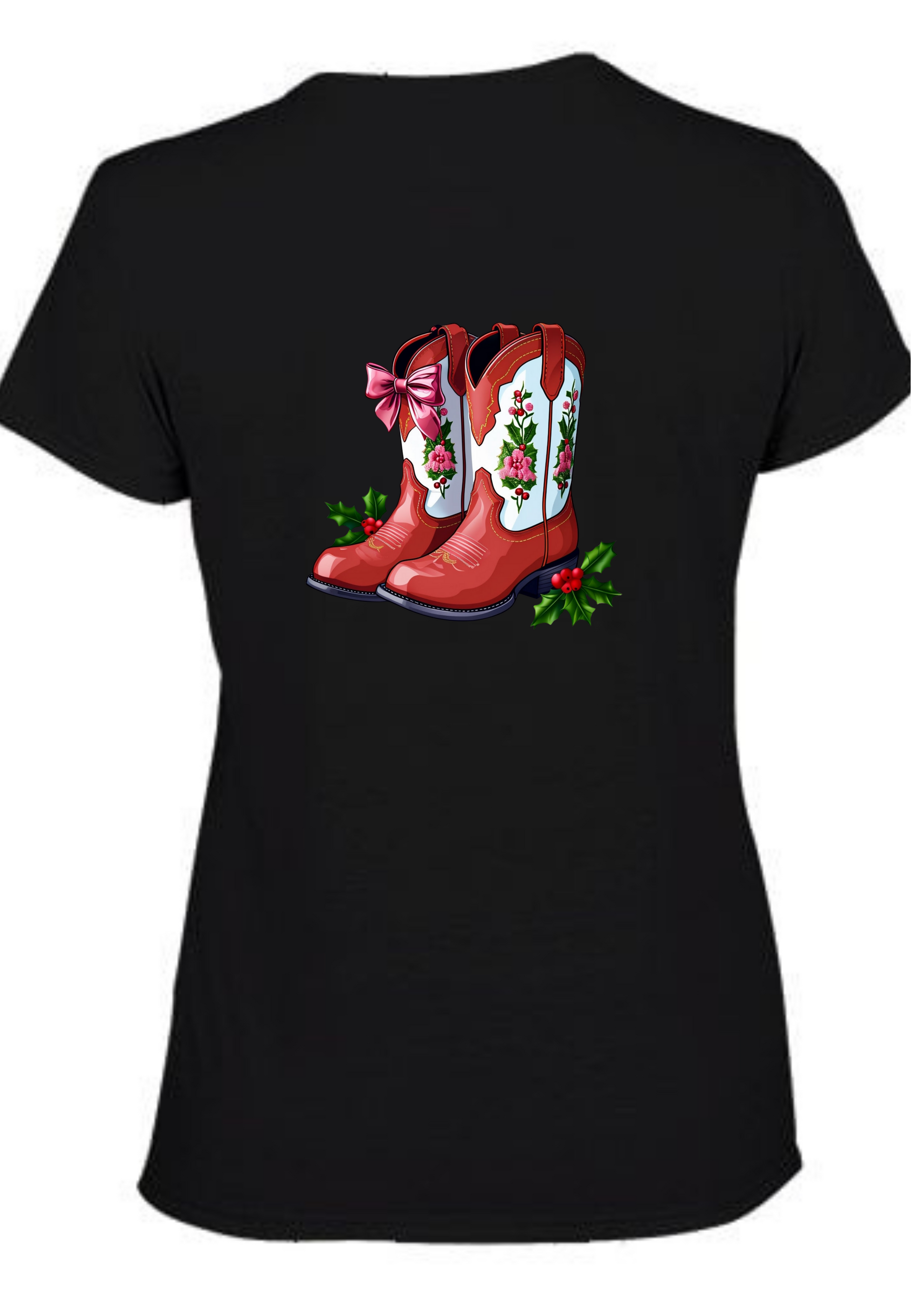 Black t-shirt with red cowboy boots and floral design on a white background, Christmas line dancing t-shirt