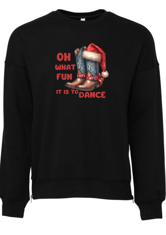 Chrismtas jumper for line dancers saying Oh What fun it is to dance. Designed by Kirsty Tulk Tees