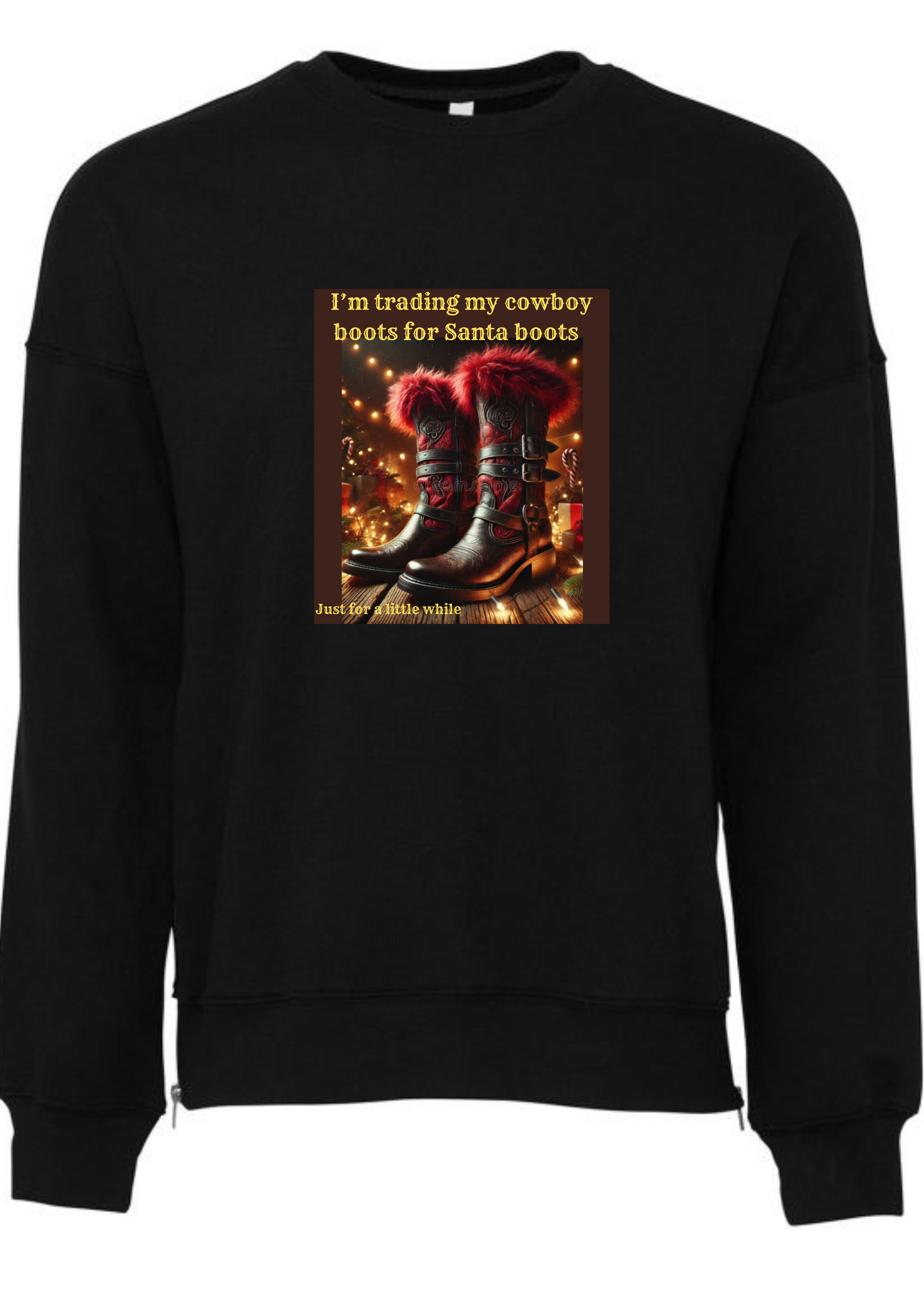 Christmas line dancer sweatshirt trding cowboy boots for Santas, for a while