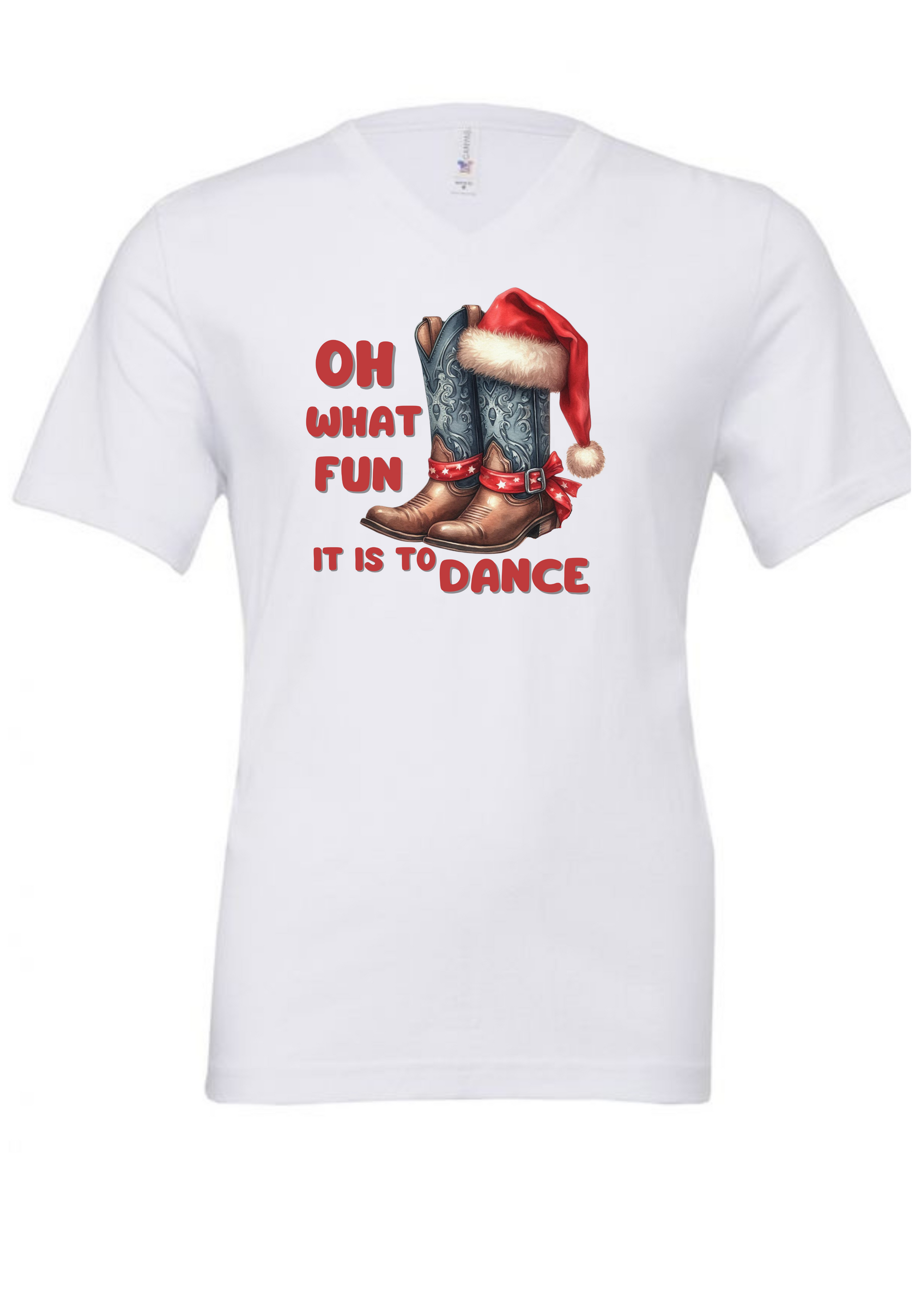 White t-shirt with Christmas-themed graphic and text on a white background. By Tulktees