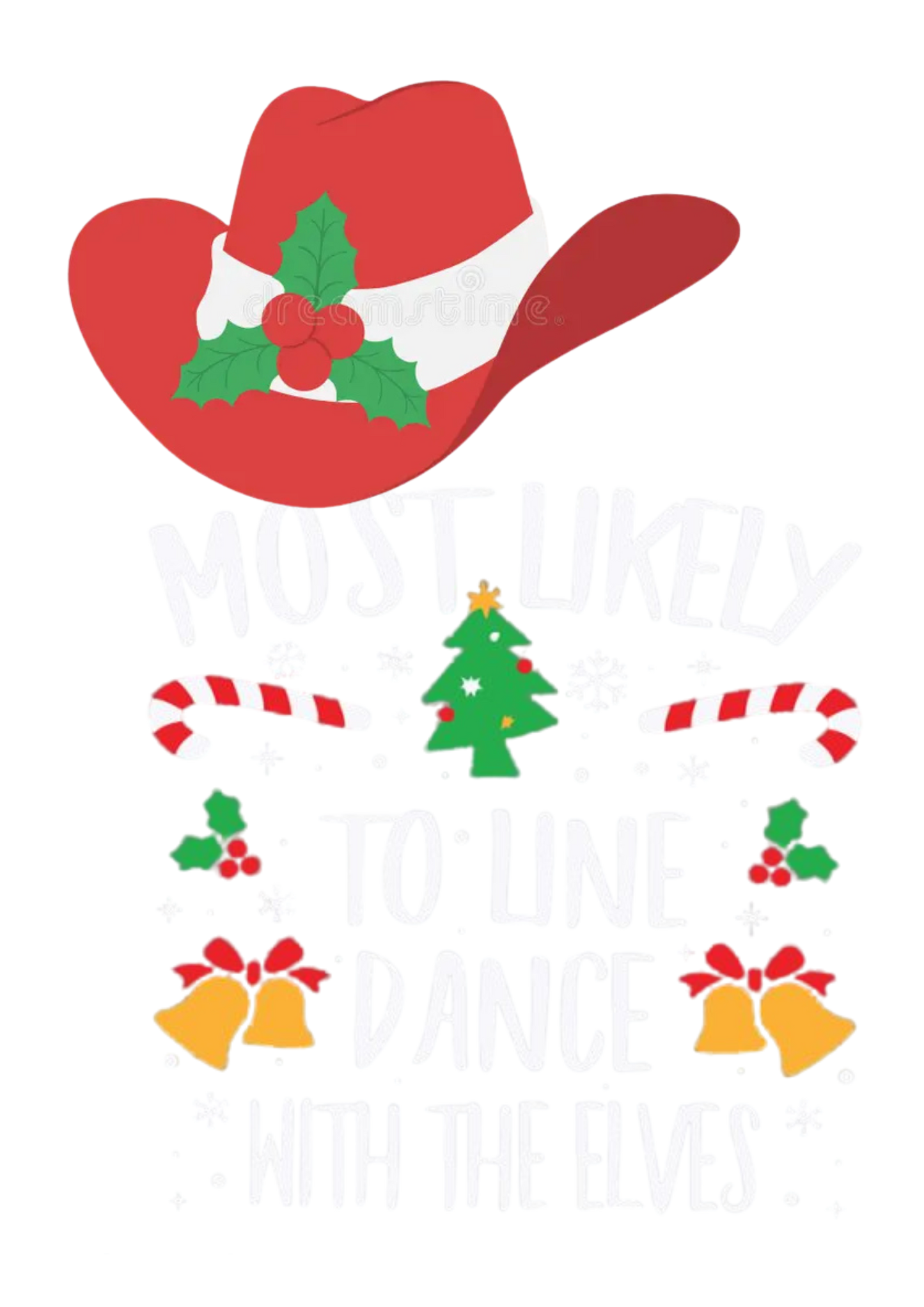 Line dancing Christmas t-shirt and jumpers. Designed by Kirsty Tulktees Red cowboy hat with green holly leaves on a white background