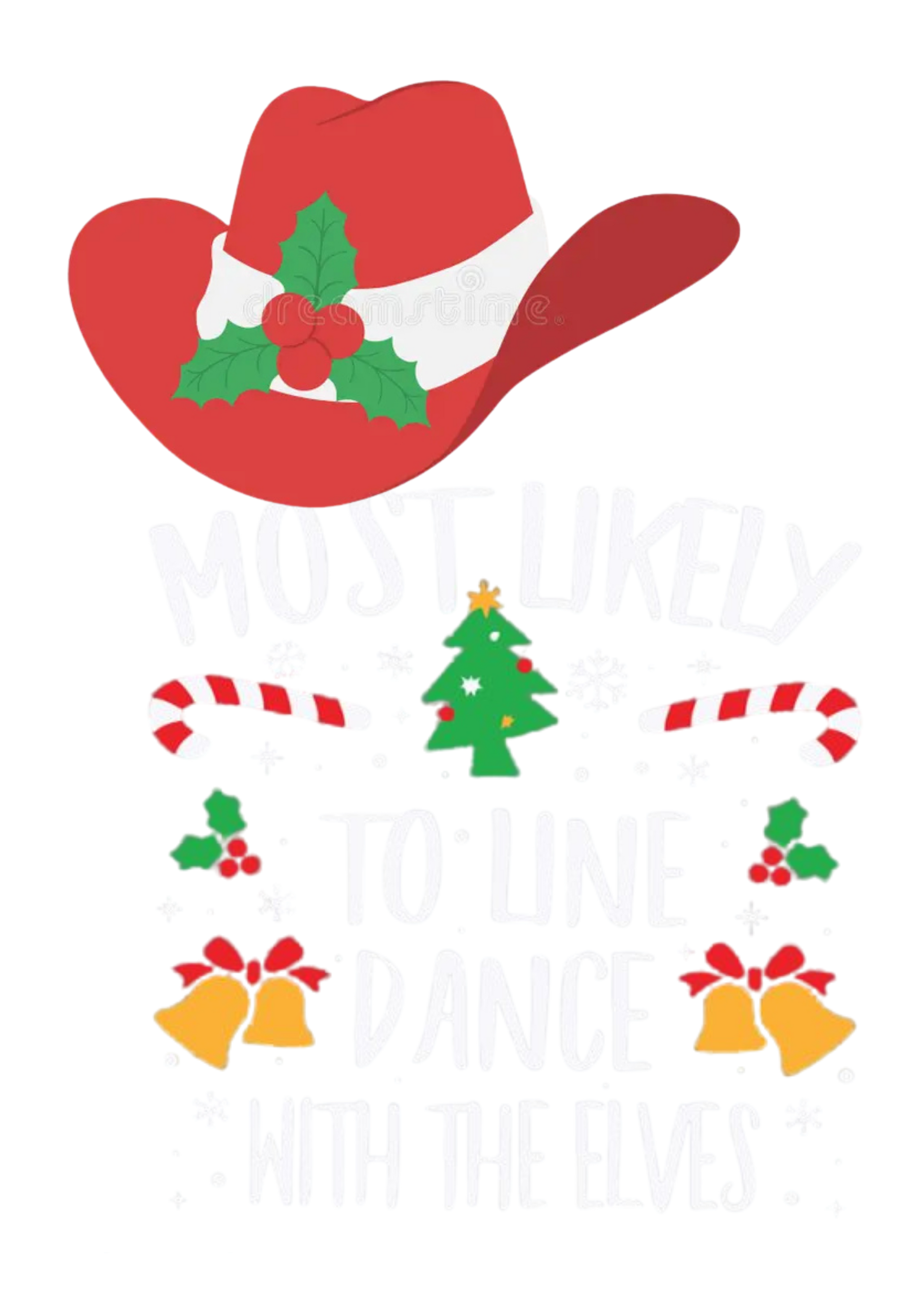 Line dancing Christmas t-shirt and jumpers. Designed by Kirsty Tulktees Red cowboy hat with green holly leaves on a white background