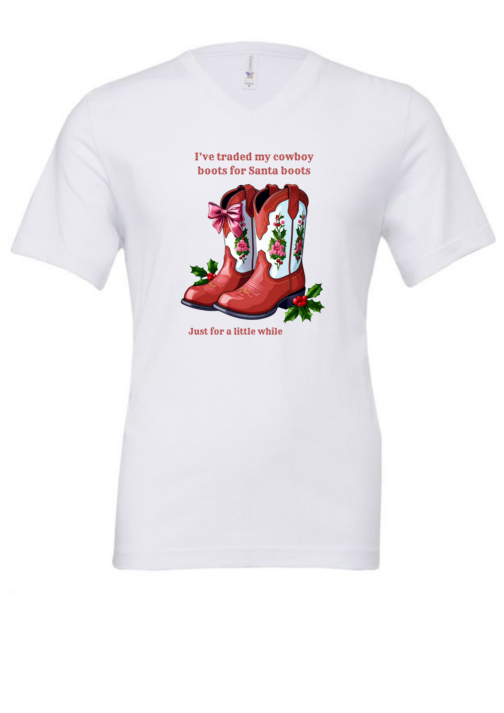 White t-shirt with red cowboy Santa boots graphic and text on a white background