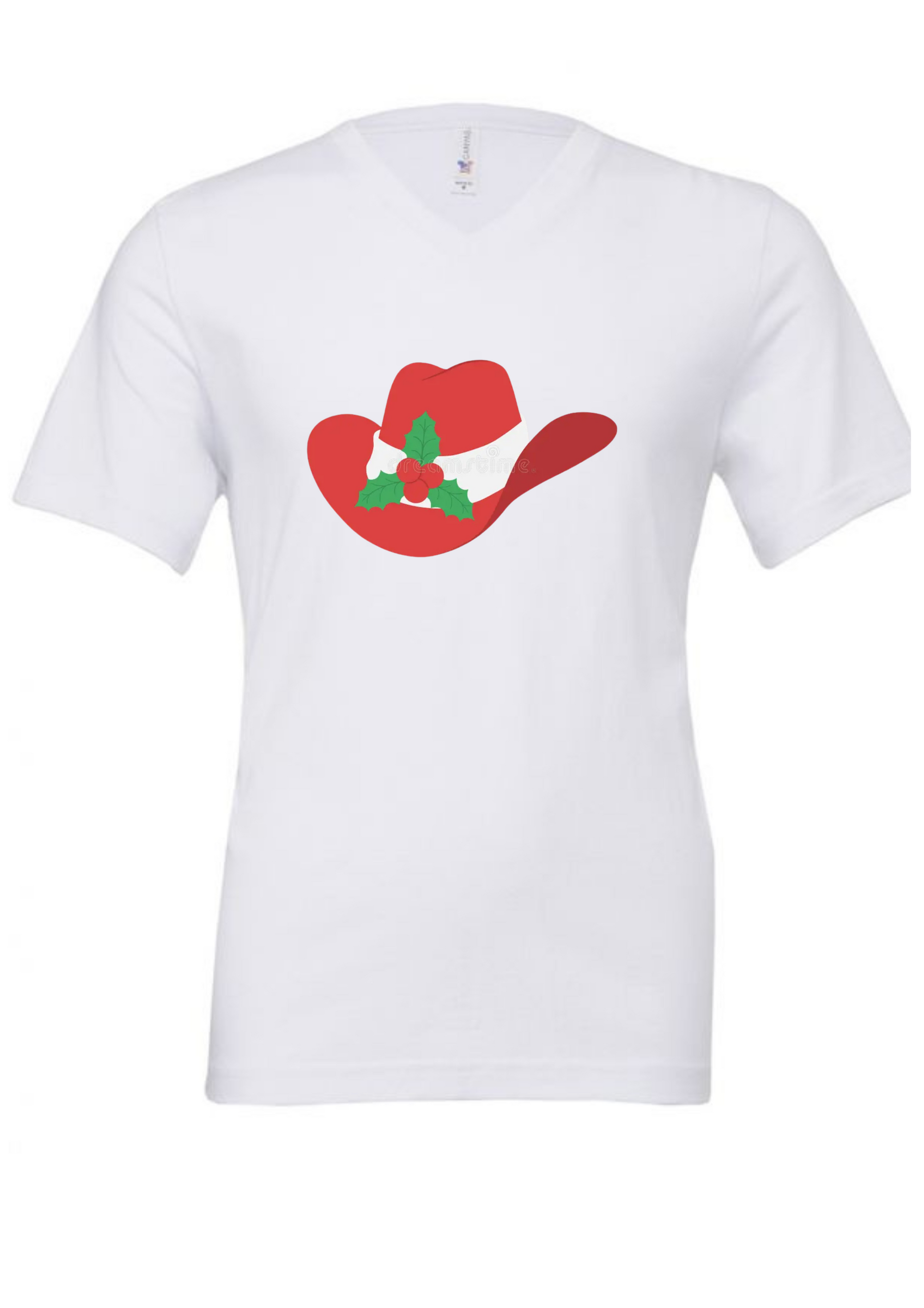 White t-shirt with a red and green Christmas cowboy hat.
