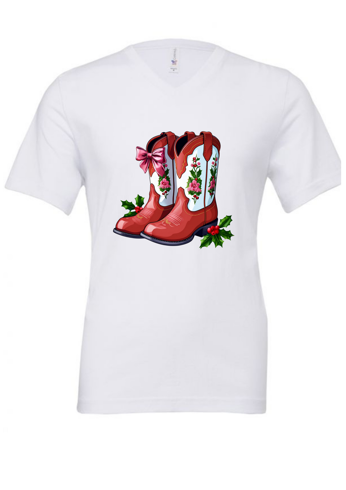 White Christmas  t-shirt with red cowboy boots and floral design on a white background