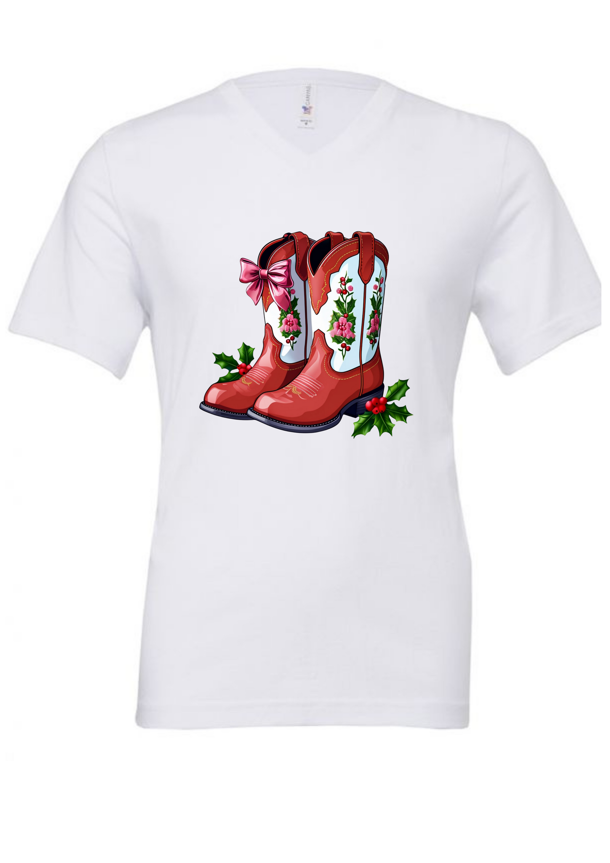 White Christmas  t-shirt with red cowboy boots and floral design on a white background