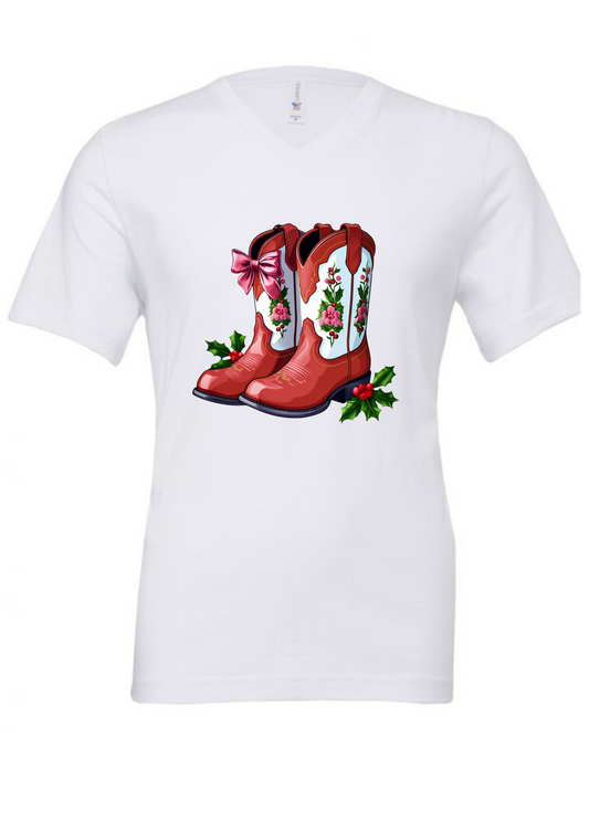White Christmas  t-shirt with red cowboy boots and floral design on a white background