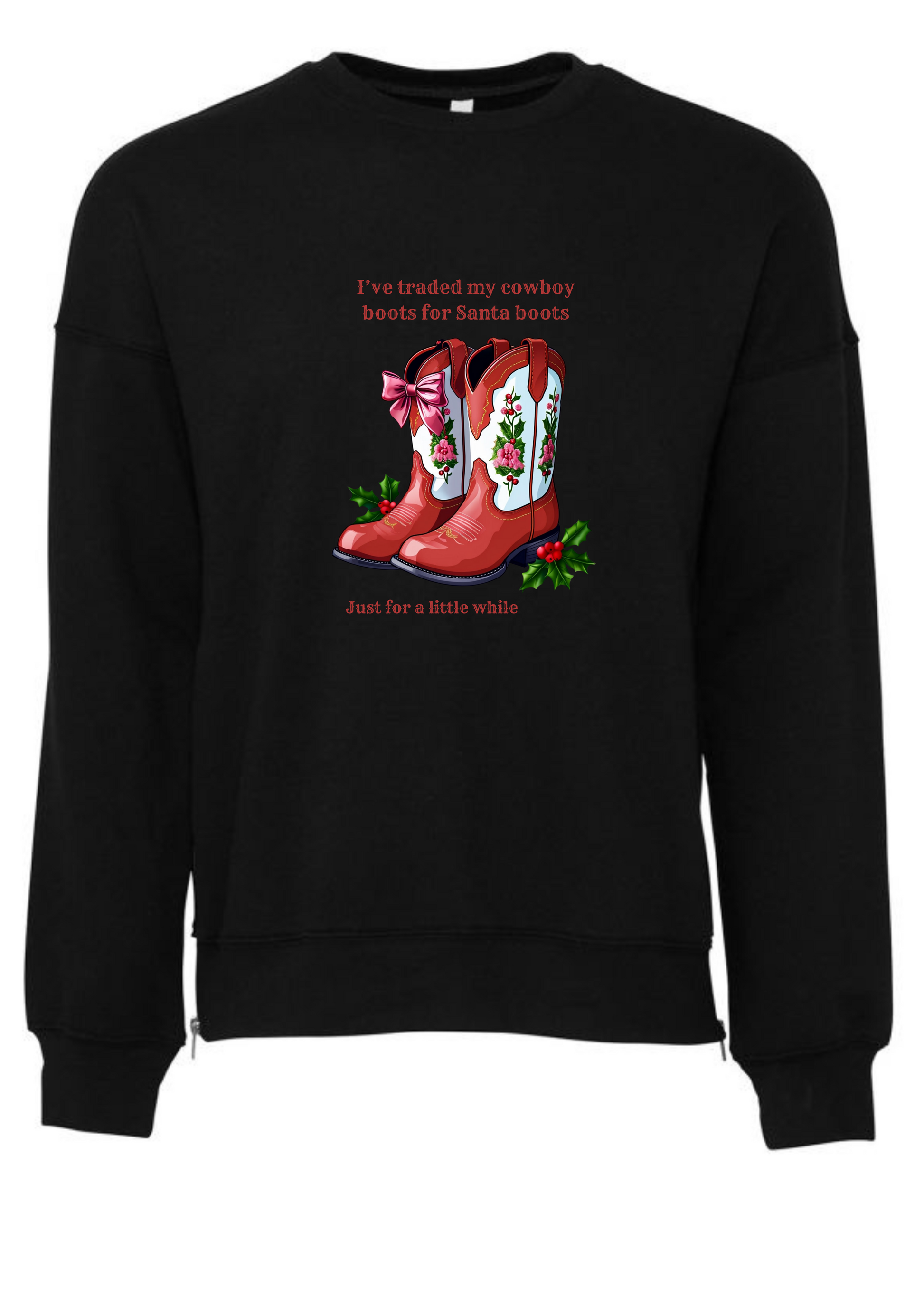 Black Christmas jumper/ sweatshirt with red cowboy boots and text design on a white background. For line dancer.