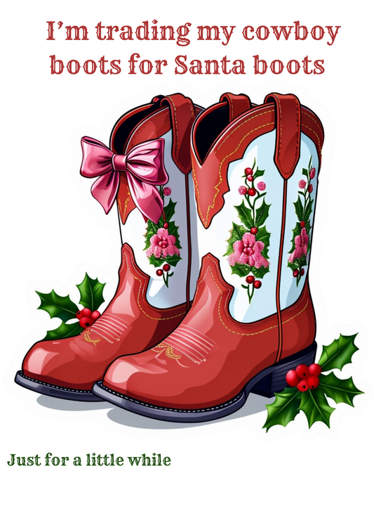 Red cowboy boots with floral designs and a pink bow, surrounded by holly leaves on a white background.