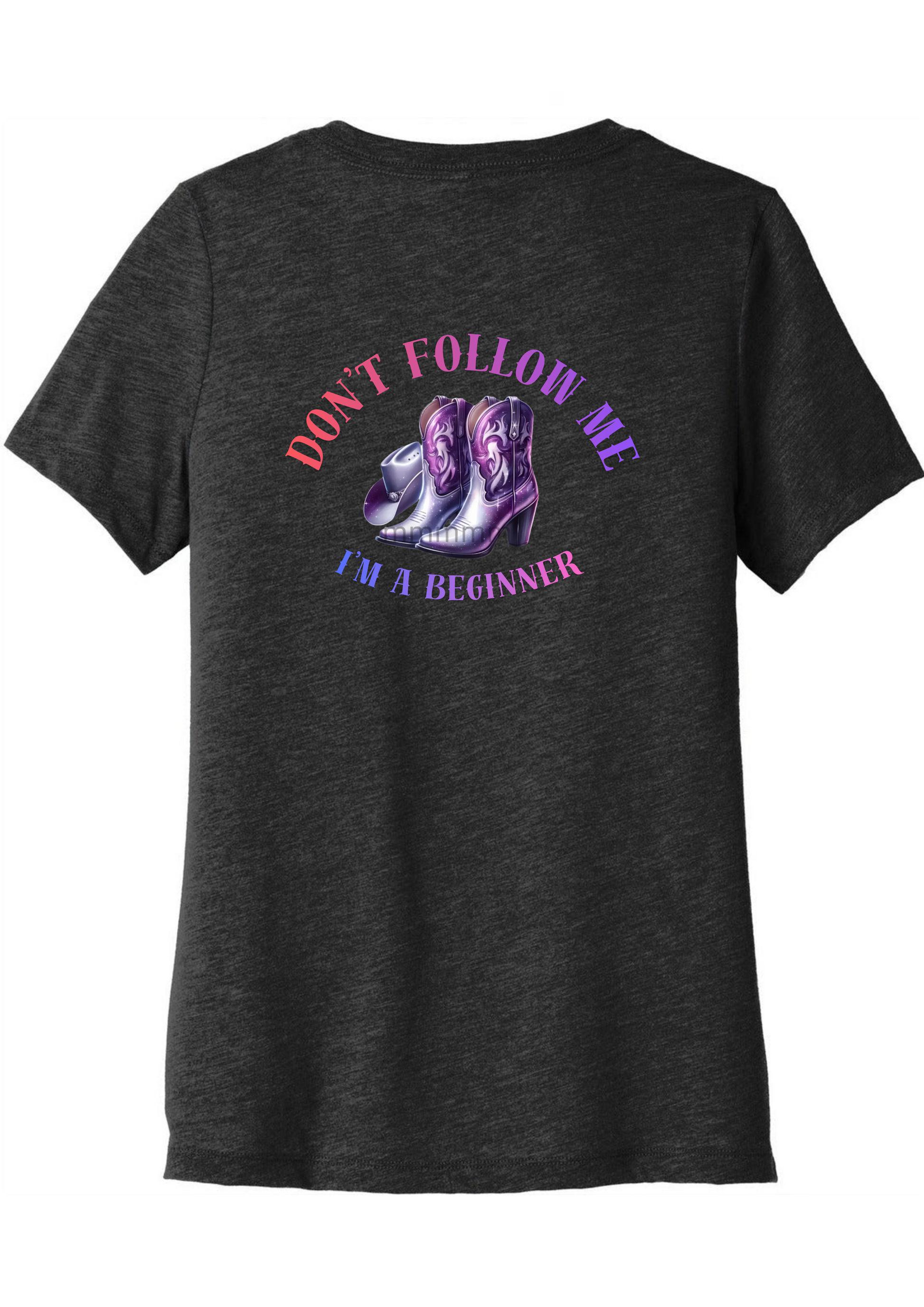 Line dancing t shirt with Don't follow me I'm a beginner printed on the back in bright colours with purple cowboy boots