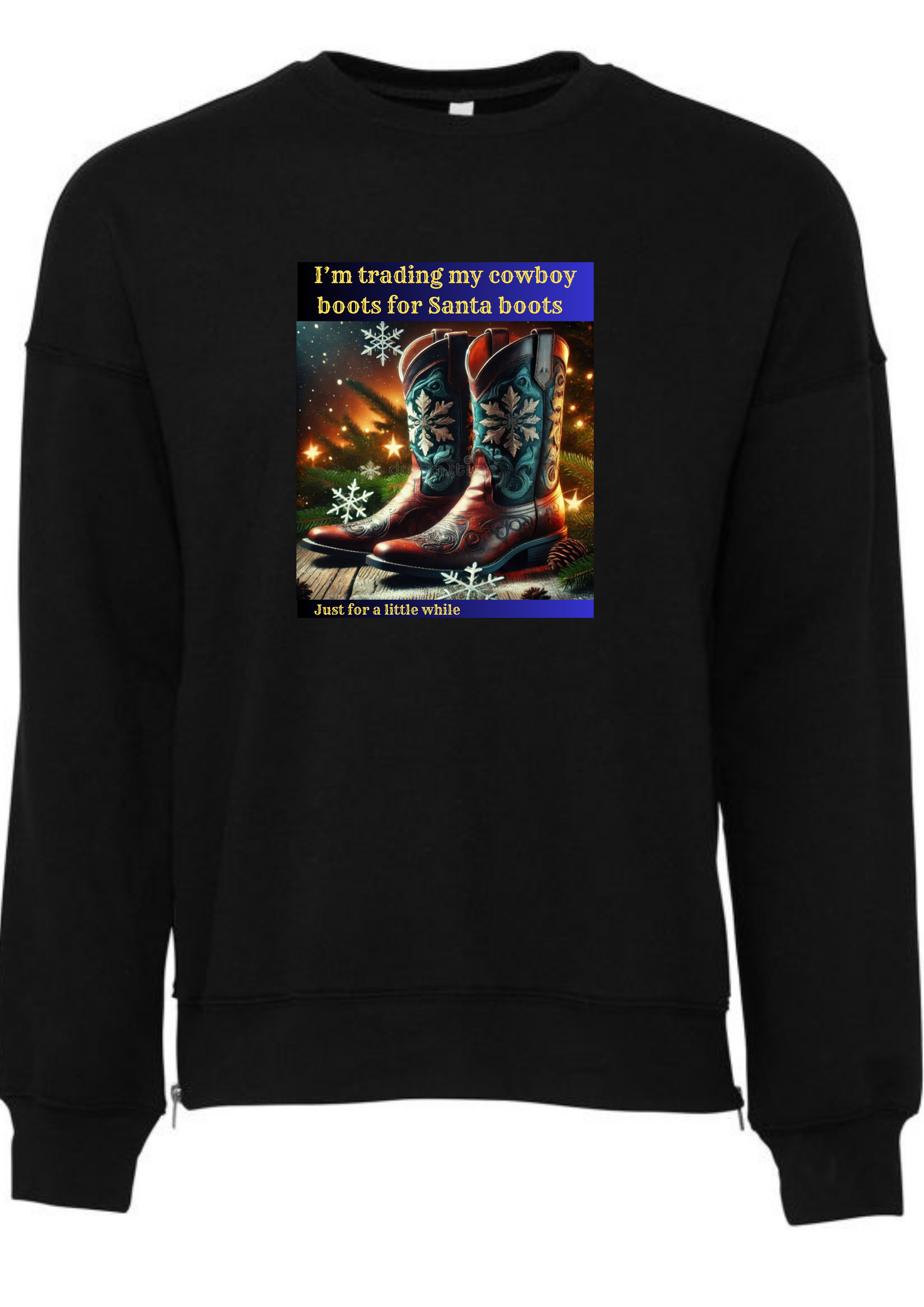 Black sweatshirt with a graphic of cowboy boots and text on a white background for christmas. Designed by Kirsty Tulk Tees