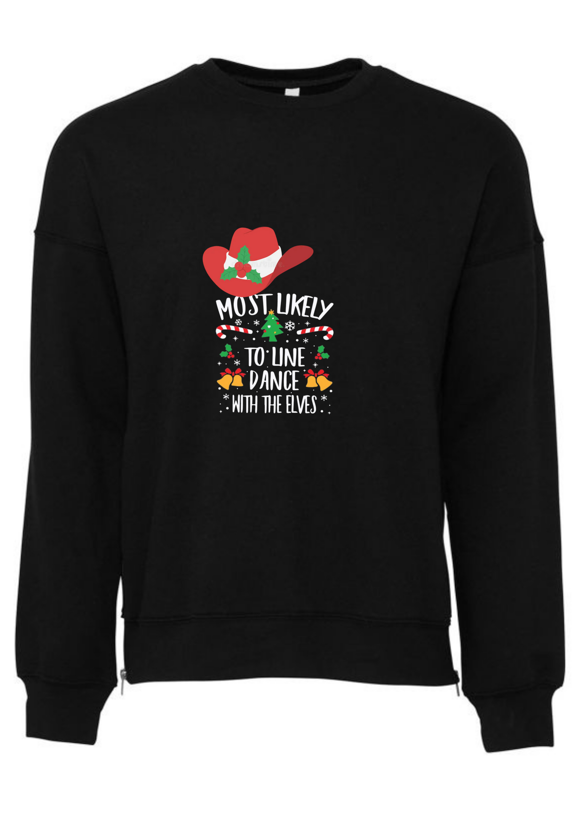 Black  sweatshirt with Christmas-themed design featuring a cowboy hat, candy canes, and text on a white background. Christmas line dancing designed by Kirsty Tulktees