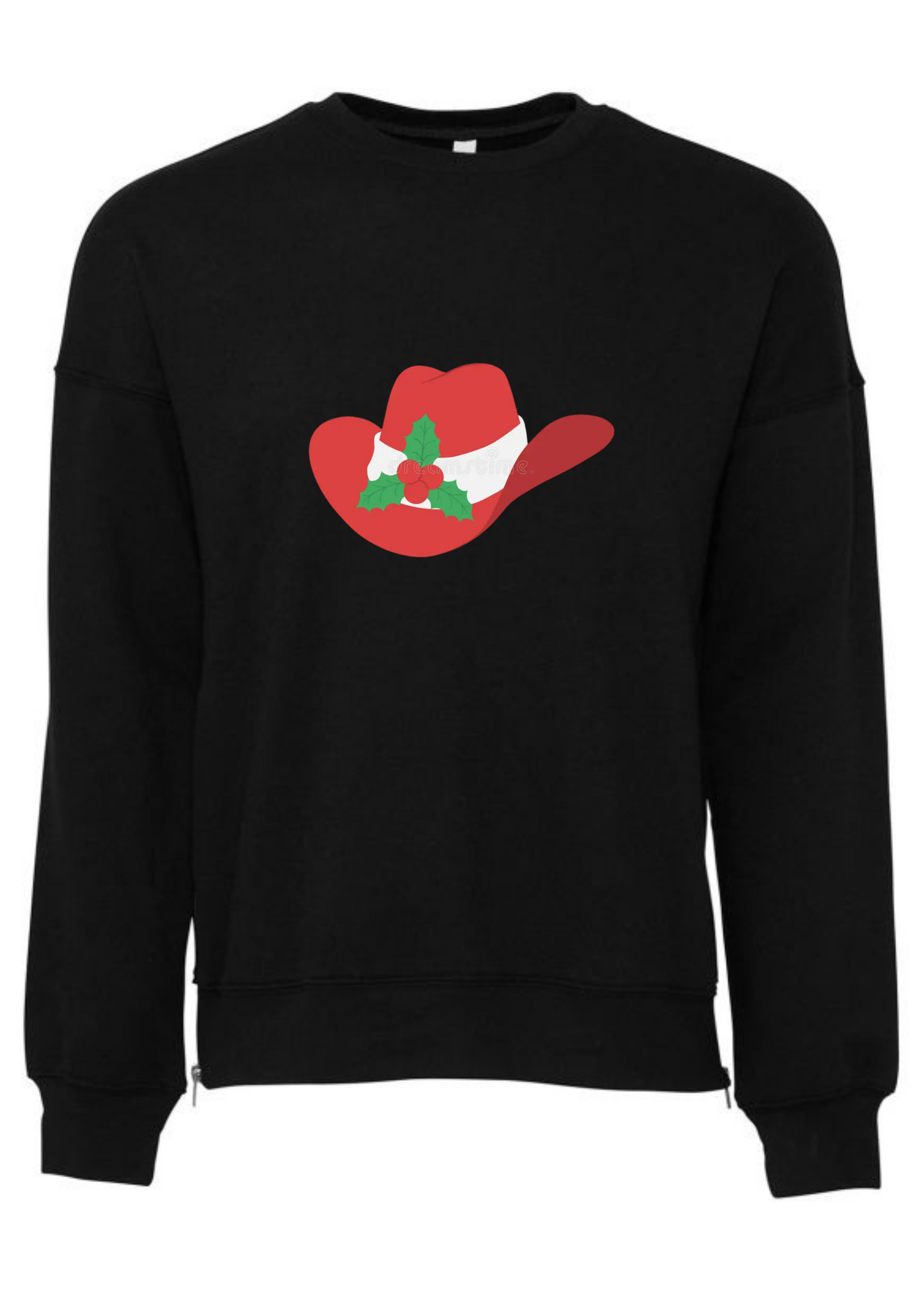 Black sweatshirt with a red Christmas cowboy hat graphic on a white background