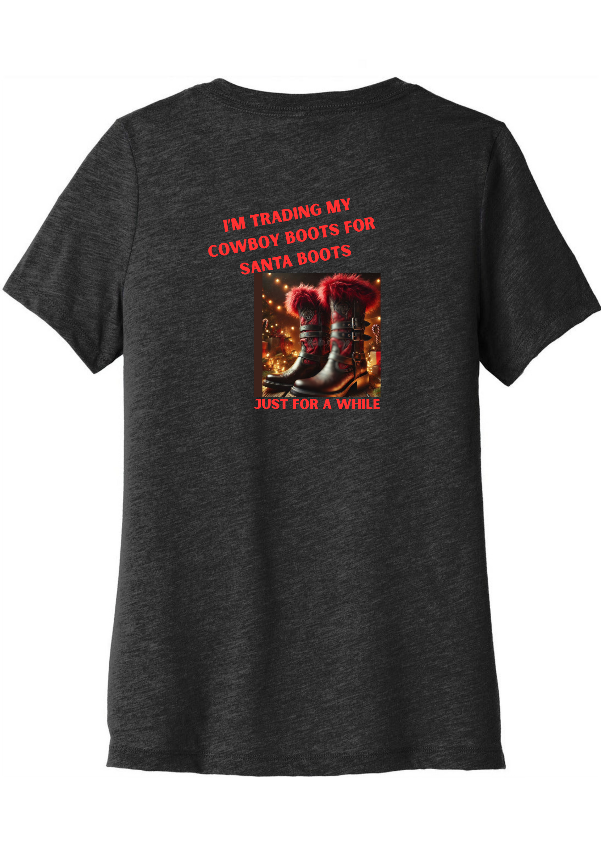 I am trading my line dancing cowboy boots for santa boots for a while, Xmas tshirt